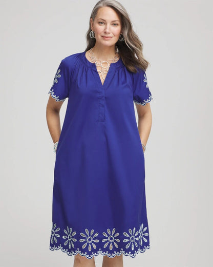 Chico's Women | Embroidered Poplin Popover Dress BLUE CASA