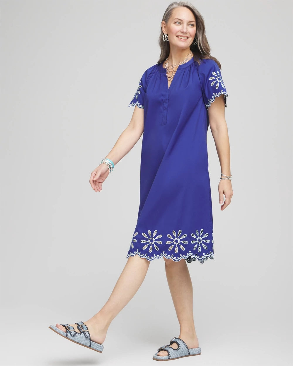 Chico's Women | Embroidered Poplin Popover Dress BLUE CASA