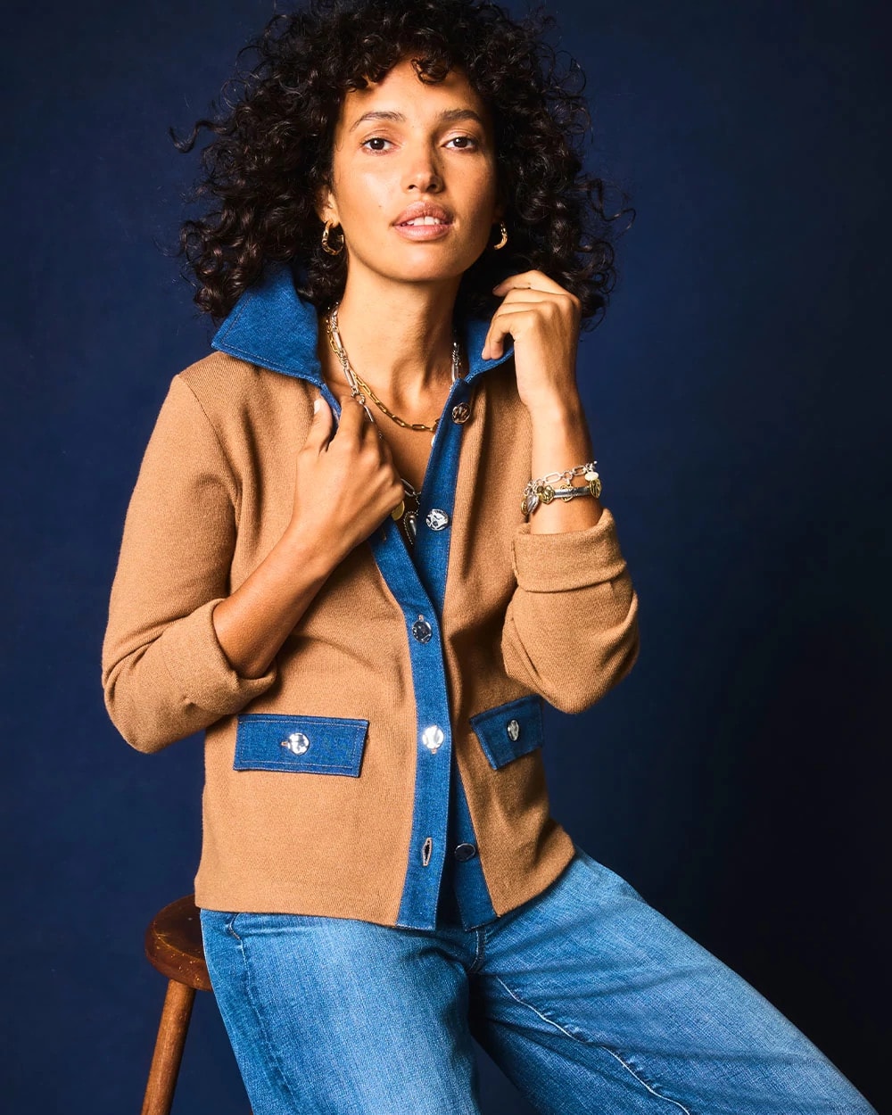 Chico's Women | Collared Denim Trim Cardigan CARAMEL APPLE HEATHER