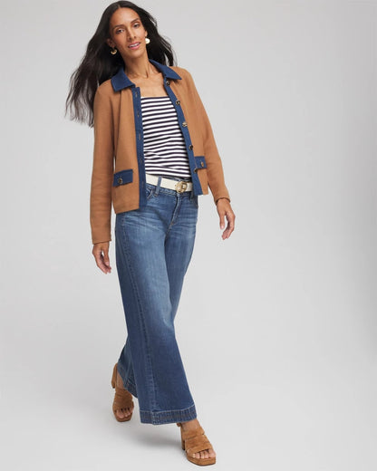 Chico's Women | Collared Denim Trim Cardigan CARAMEL APPLE HEATHER