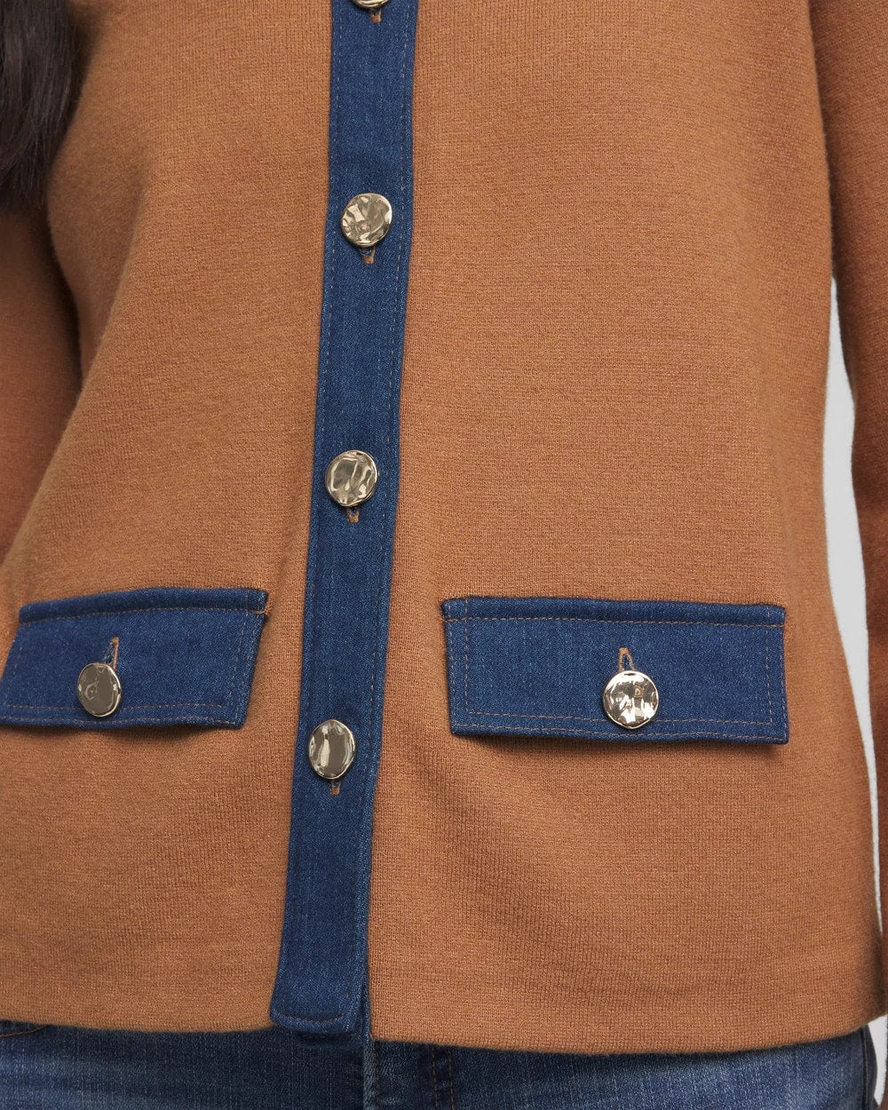 Chico's Women | Collared Denim Trim Cardigan CARAMEL APPLE HEATHER