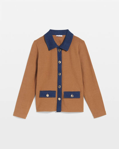 Chico's Women | Collared Denim Trim Cardigan CARAMEL APPLE HEATHER