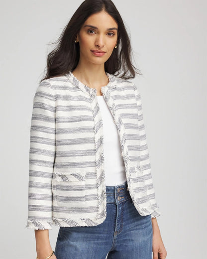Chico's Women | Striped Tweed Collarless Box Jacket ECRU