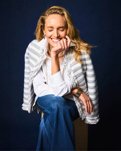 Chico's Women | Striped Tweed Collarless Box Jacket ECRU