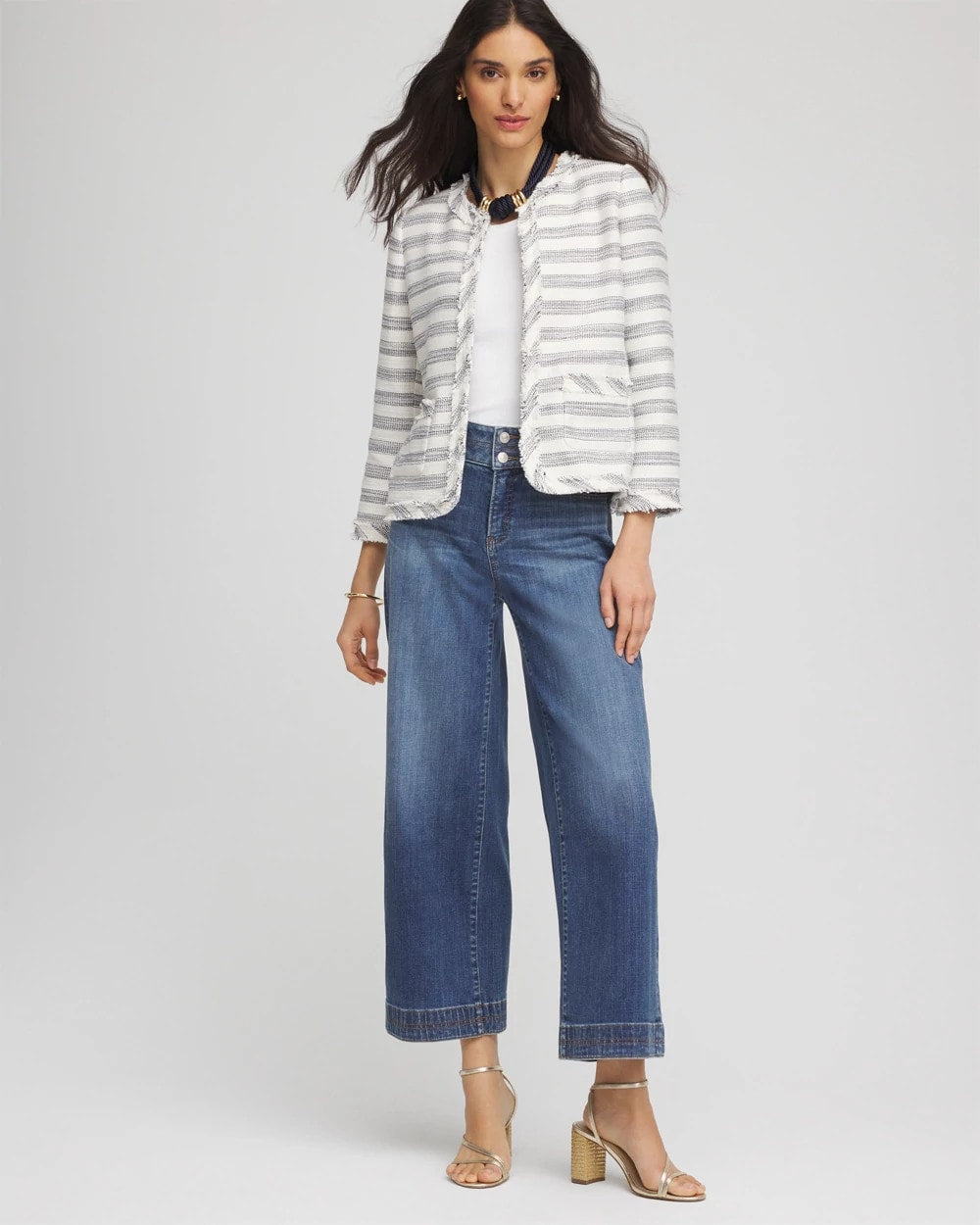 Chico's Women | Striped Tweed Collarless Box Jacket ECRU