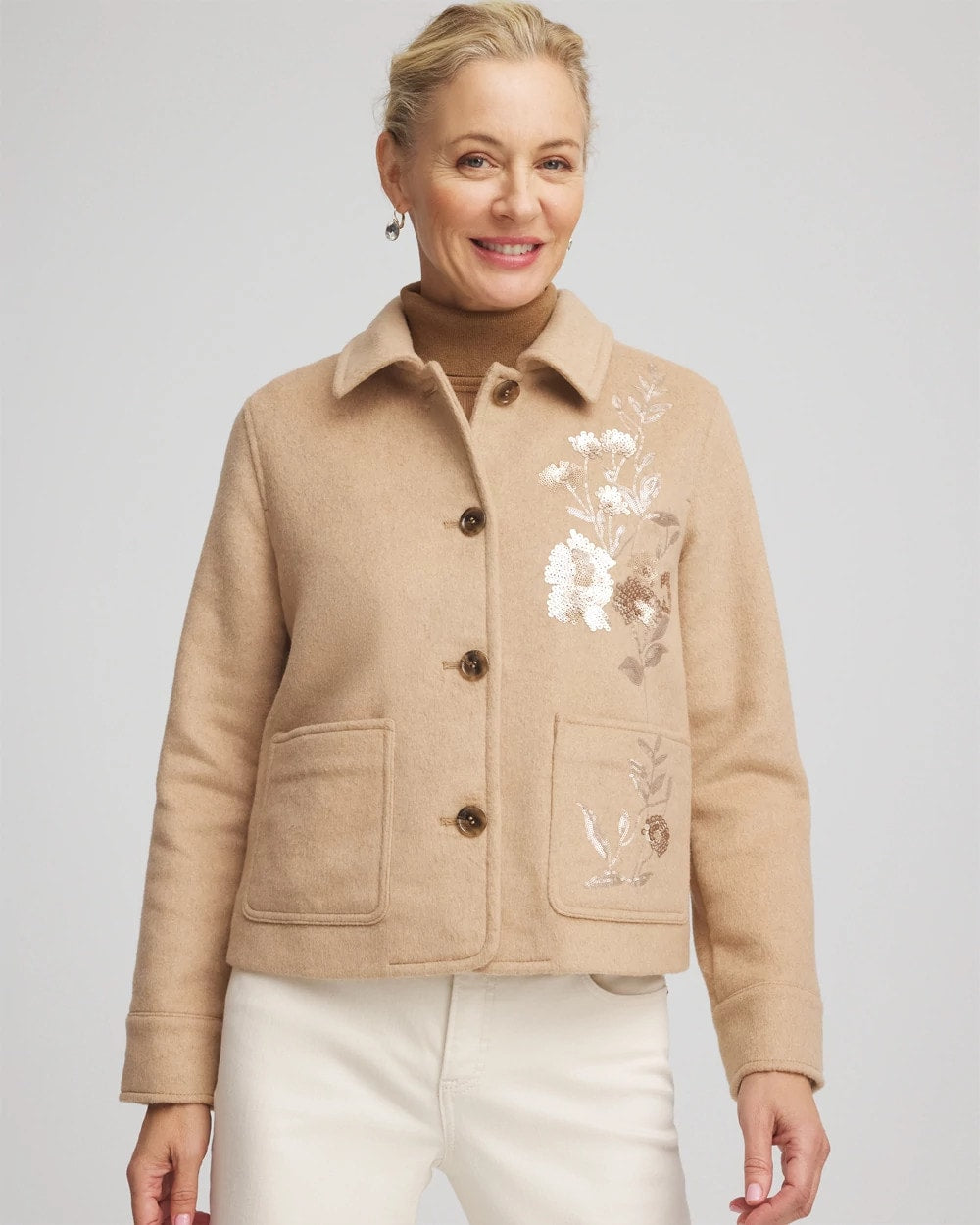 Chico's Women | Embroidered Wool Chore Jacket LIGHT TAUPE HEATHER