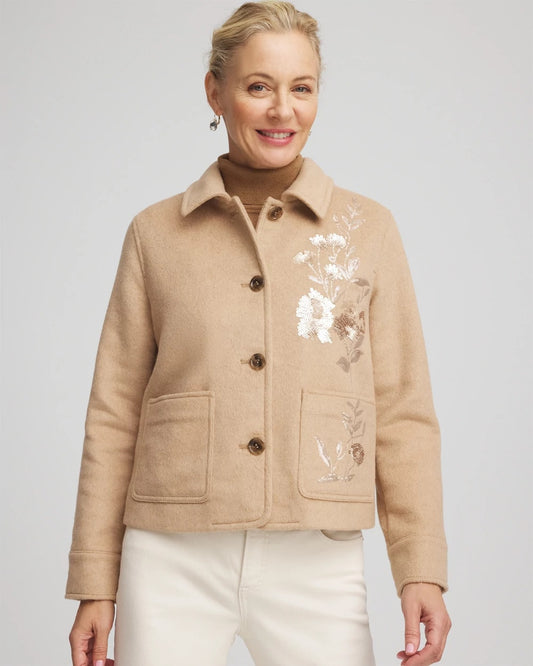 Chico's Women | Embroidered Wool Chore Jacket LIGHT TAUPE HEATHER