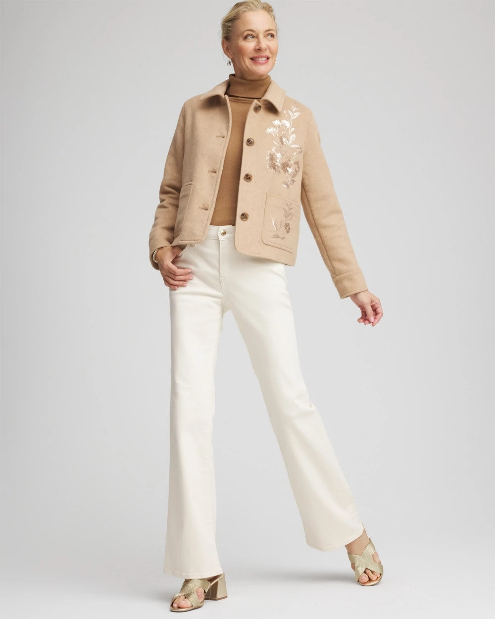 Chico's Women | Embroidered Wool Chore Jacket LIGHT TAUPE HEATHER