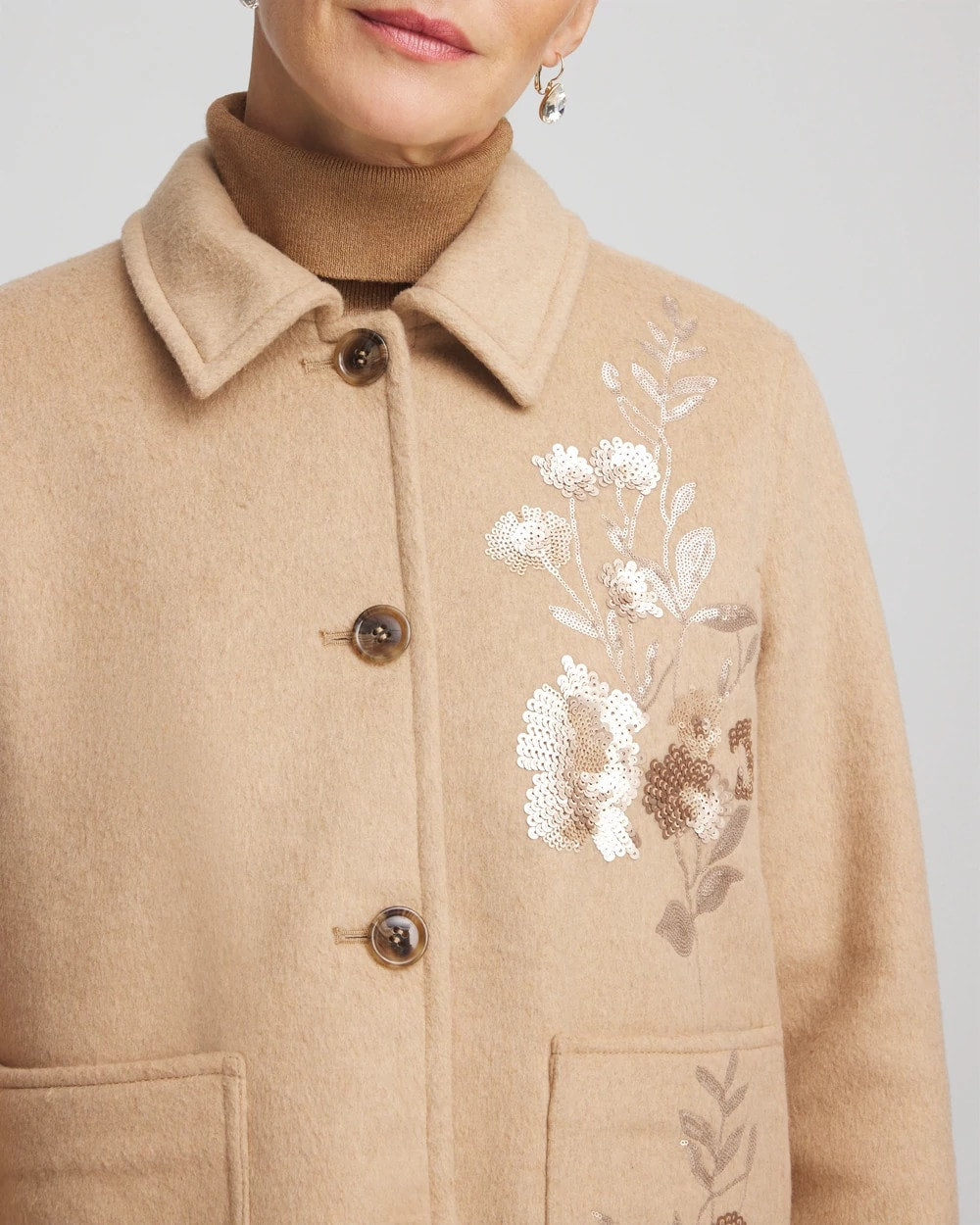 Chico's Women | Embroidered Wool Chore Jacket LIGHT TAUPE HEATHER