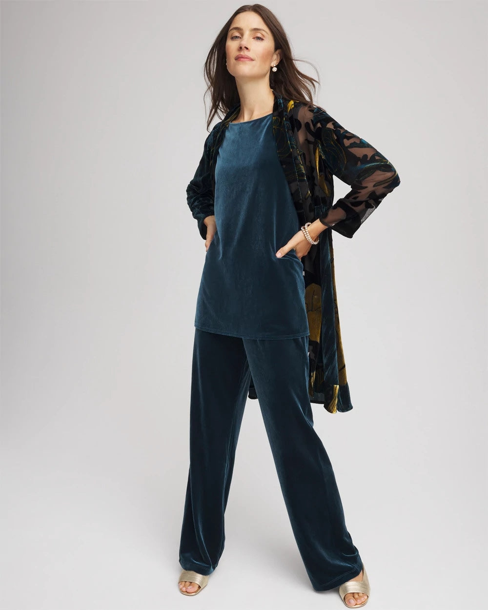 Chico's Women | Travelers™ Collection Floral Burnout Kimono Jacket TEAL SHADOW
