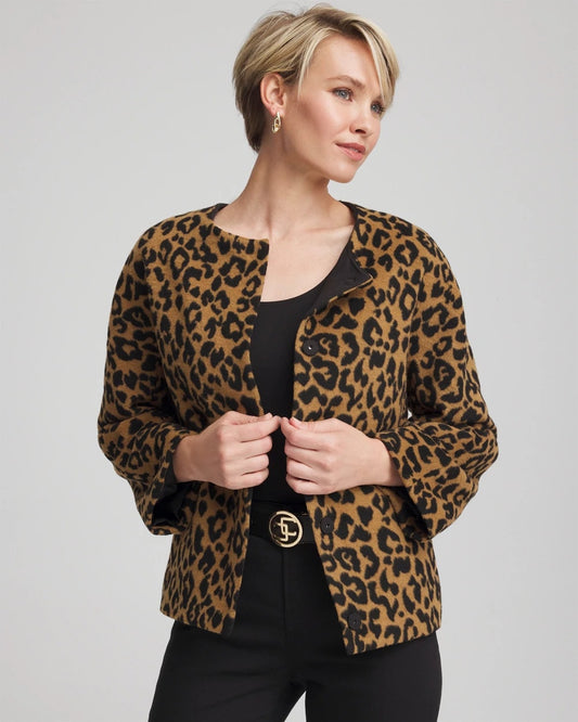 Chico's Women | Fuzzy Collarless Animal Print Jacket CAMEL