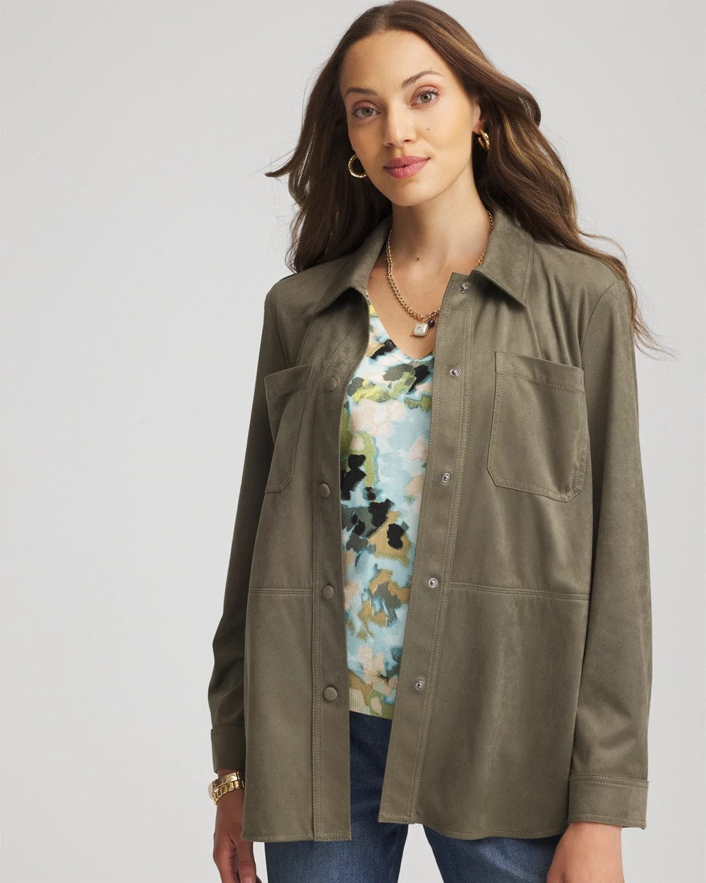 Chico's Women | Suede Collared Long-Sleeved Shacket NETTLE LEAF