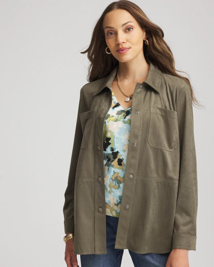 Chico's Women | Suede Collared Long-Sleeved Shacket NETTLE LEAF