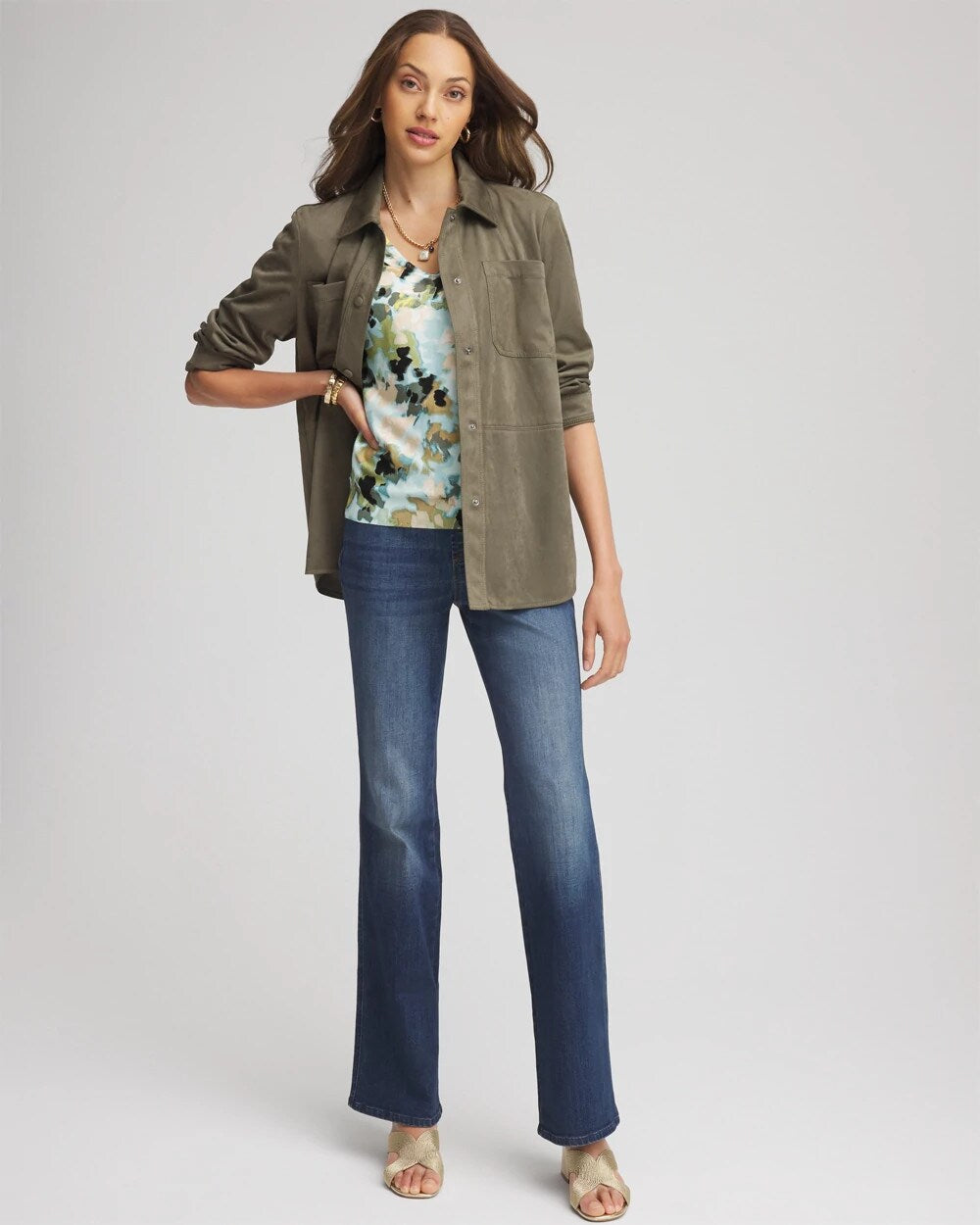 Chico's Women | Suede Collared Long-Sleeved Shacket NETTLE LEAF