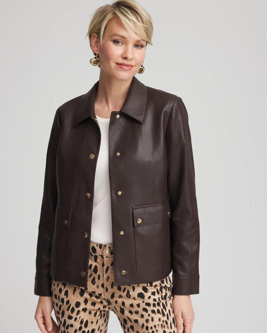 Chico's Women | Snap Front Faux Leather Jacket BLACK RAISIN