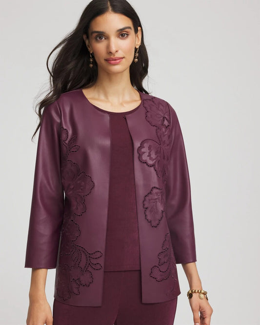 Chico's Women | Travelers™ Collection Faux Leather Embroidered Jacket BLACKENED BURGUNDY