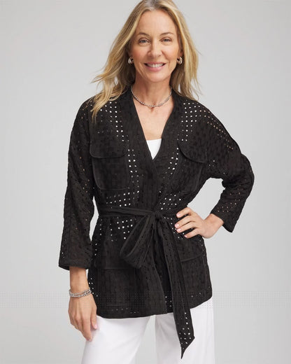 Chico's Women | Open-Stitch Tie-Front Kimono Jacket BLACK