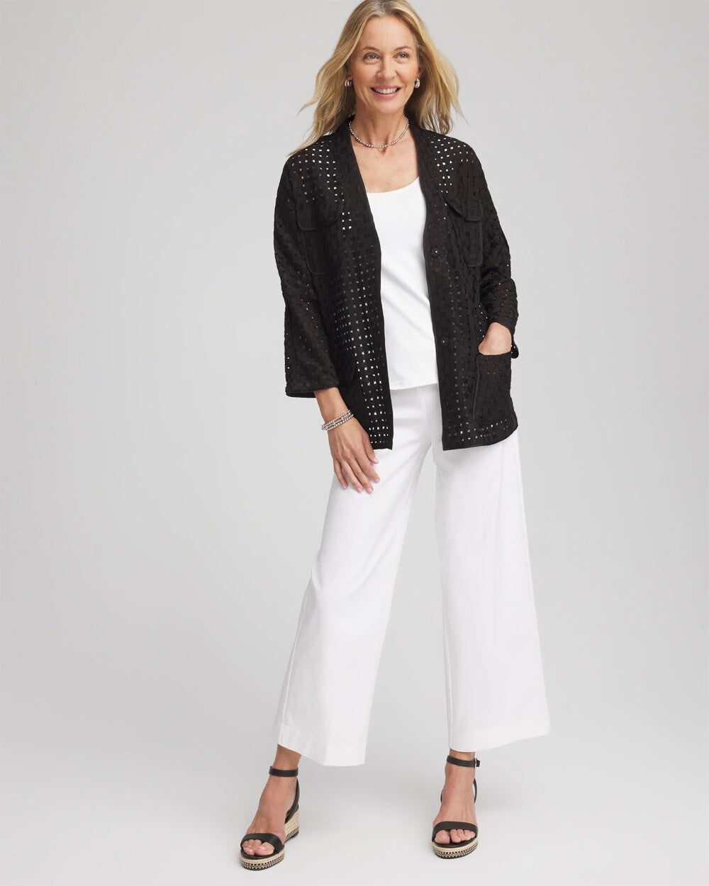Chico's Women | Open-Stitch Tie-Front Kimono Jacket BLACK