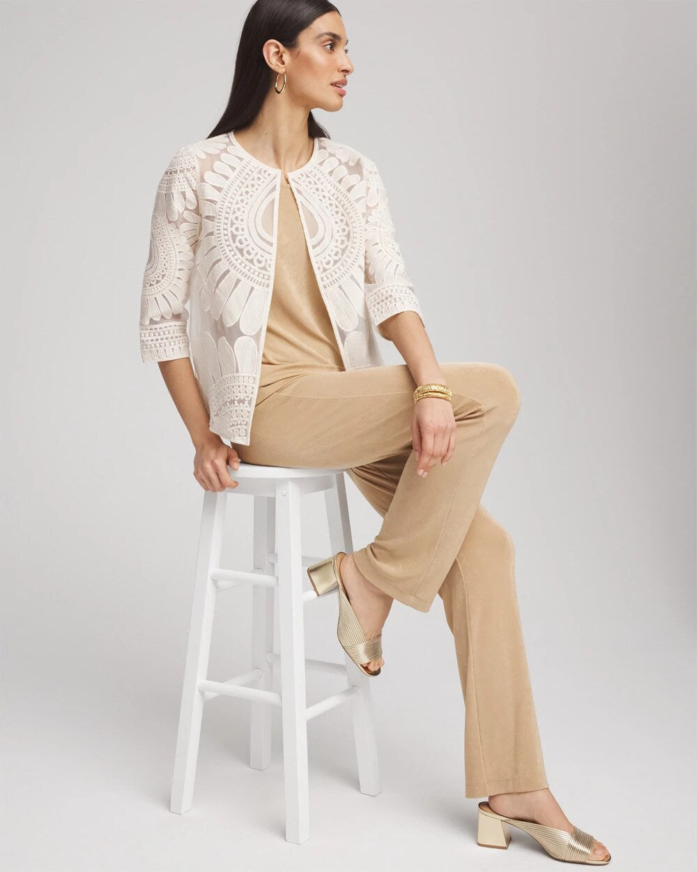 Chico's Women | Travelers™ Collection Embroidered 3/4 Sleeve Jacket MODERN ECRU