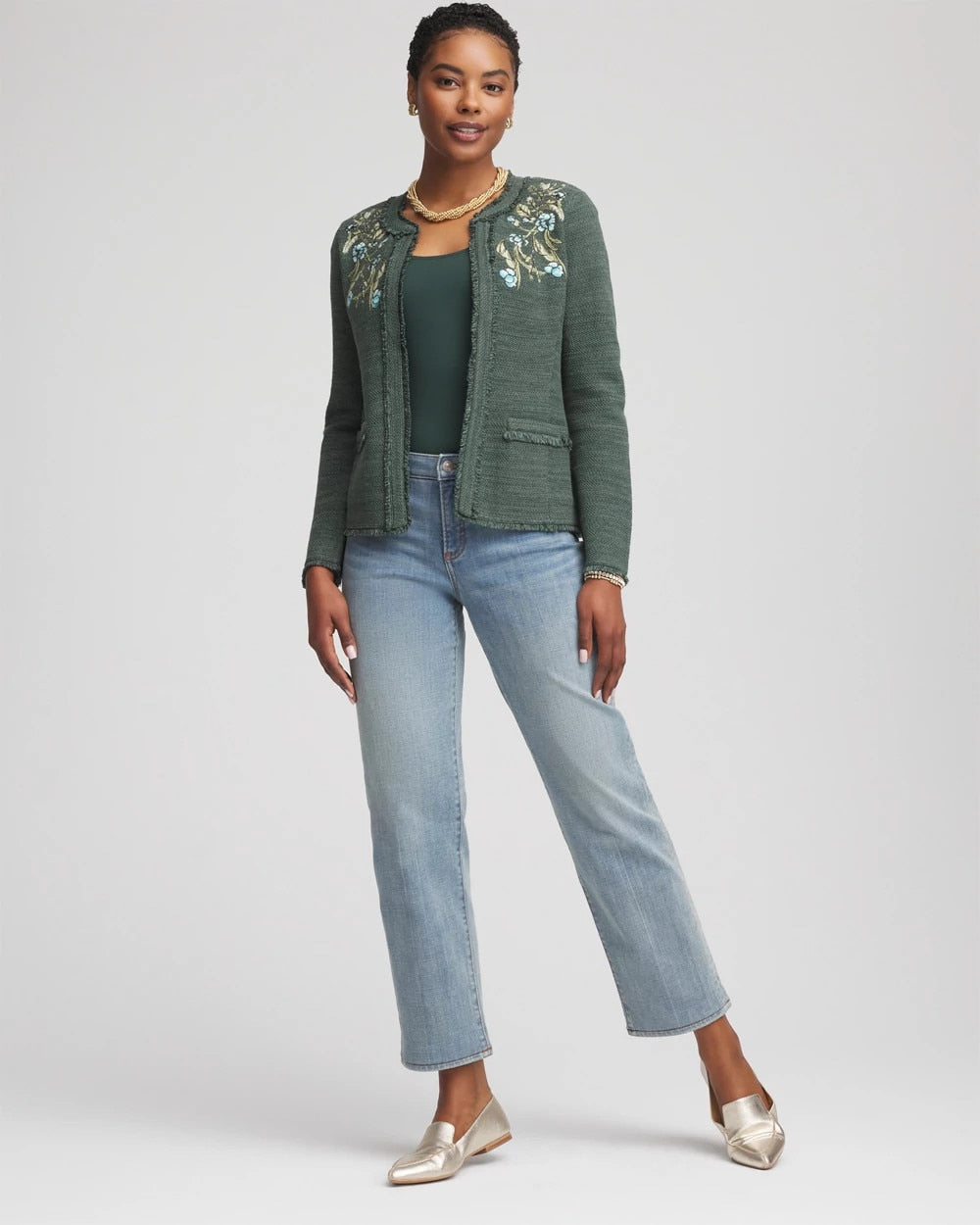 Chico's Women | Embroidered Cotton-Blend Jacket DARKEST SPRUCE