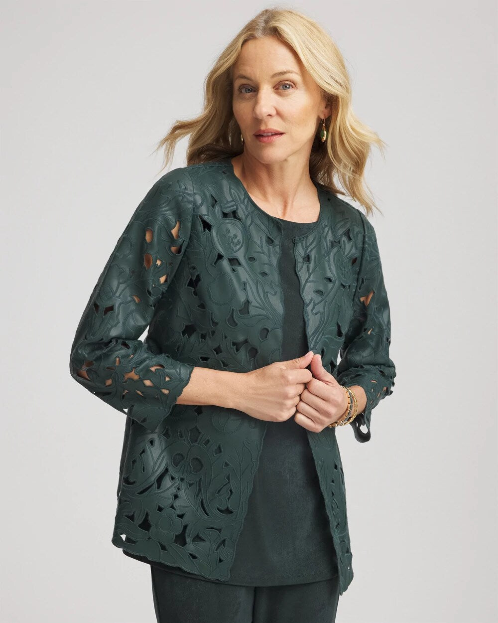 Chico's Women | Travelers™ Collection Faux Leather Floral Jacket DARKEST SPRUCE