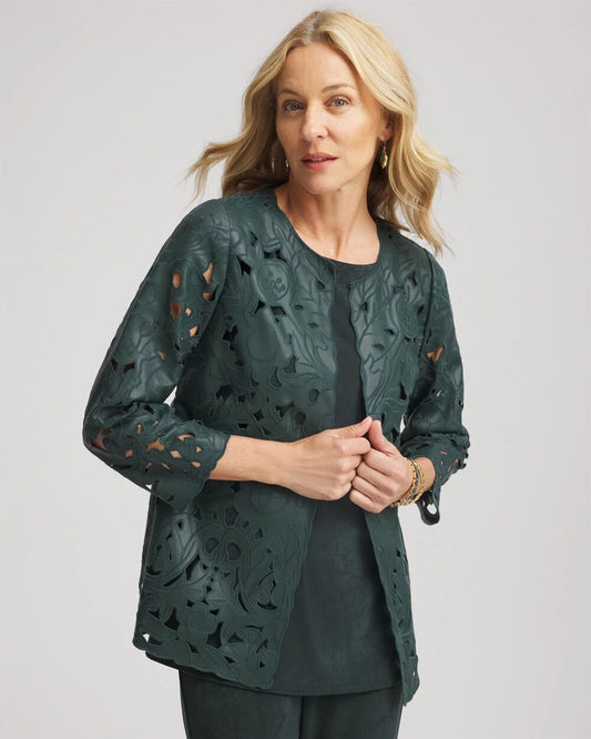 Chico's Women | Travelers™ Collection Faux Leather Floral Jacket DARKEST SPRUCE