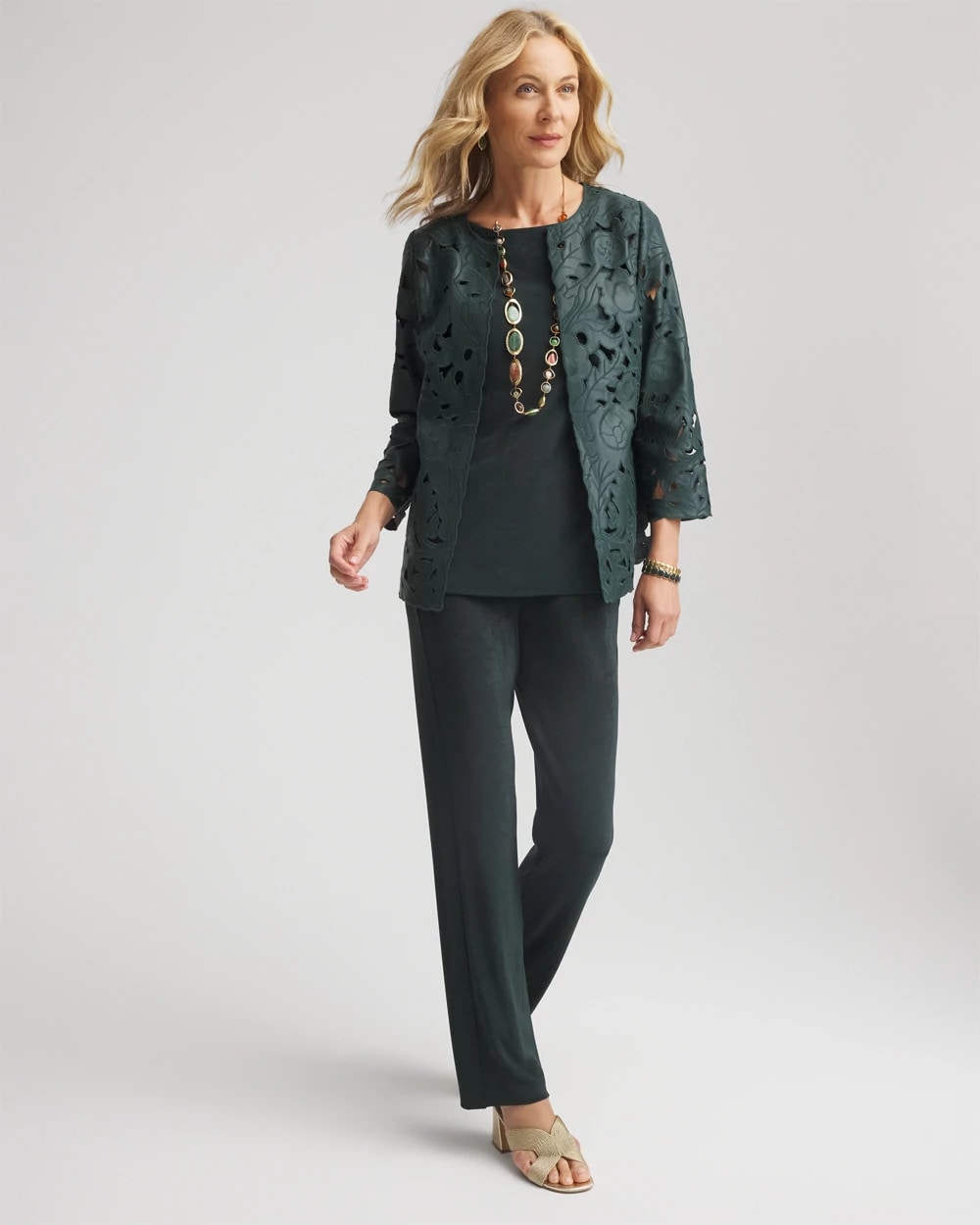 Chico's Women | Travelers™ Collection Faux Leather Floral Jacket DARKEST SPRUCE