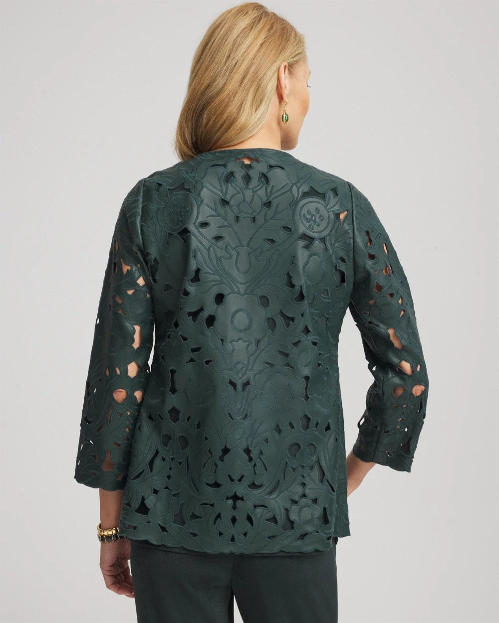 Chico's Women | Travelers™ Collection Faux Leather Floral Jacket DARKEST SPRUCE