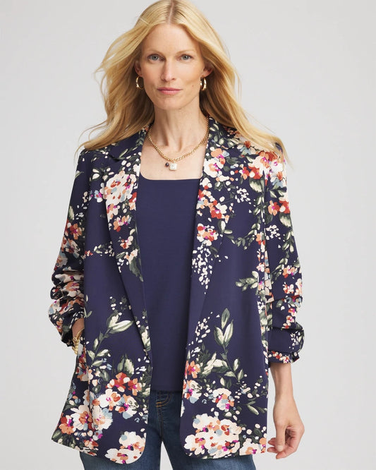 Chico's Women | Floral Ruched Sleeve Blazer PASSPORT BLUE