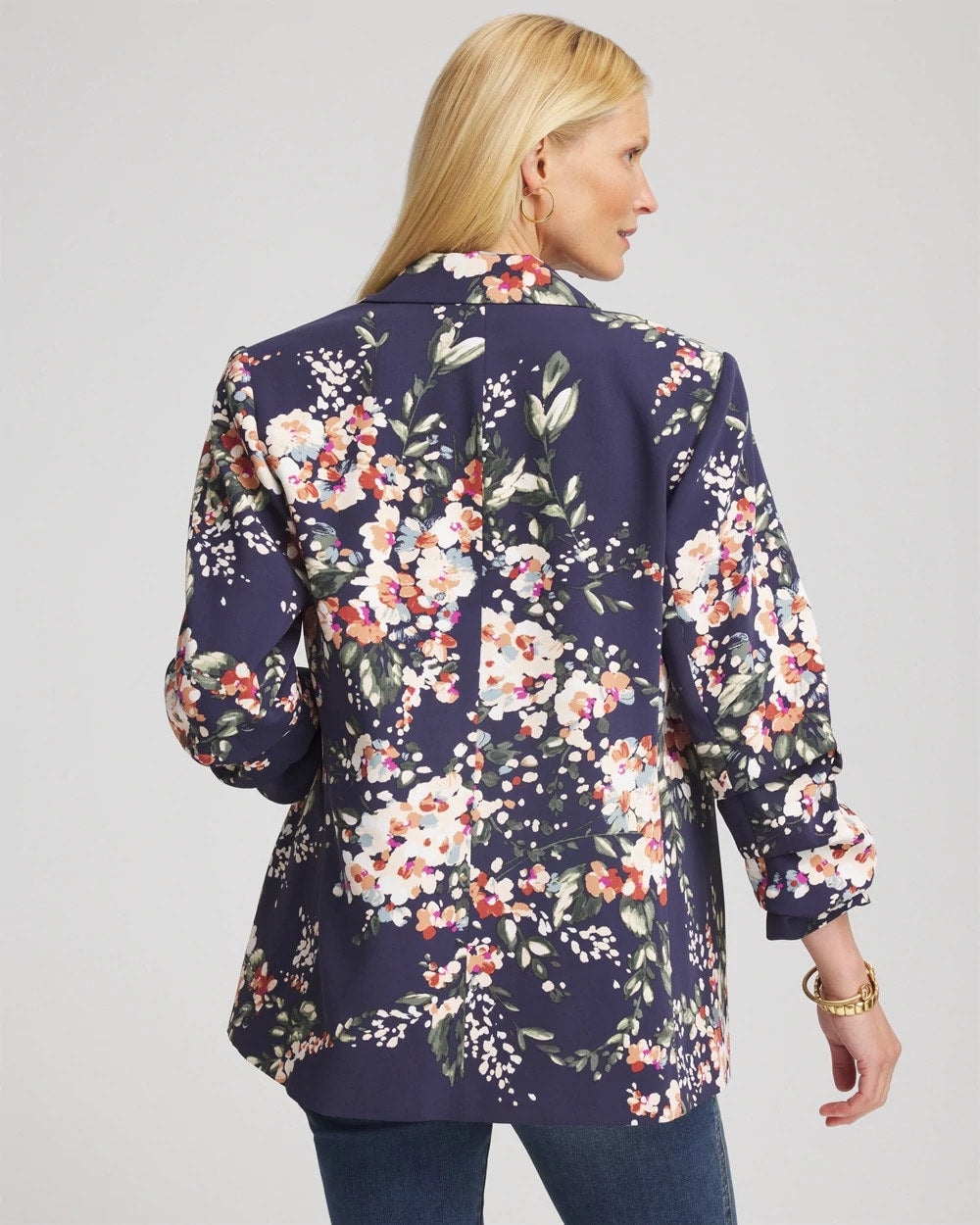 Chico's Women | Floral Ruched Sleeve Blazer PASSPORT BLUE