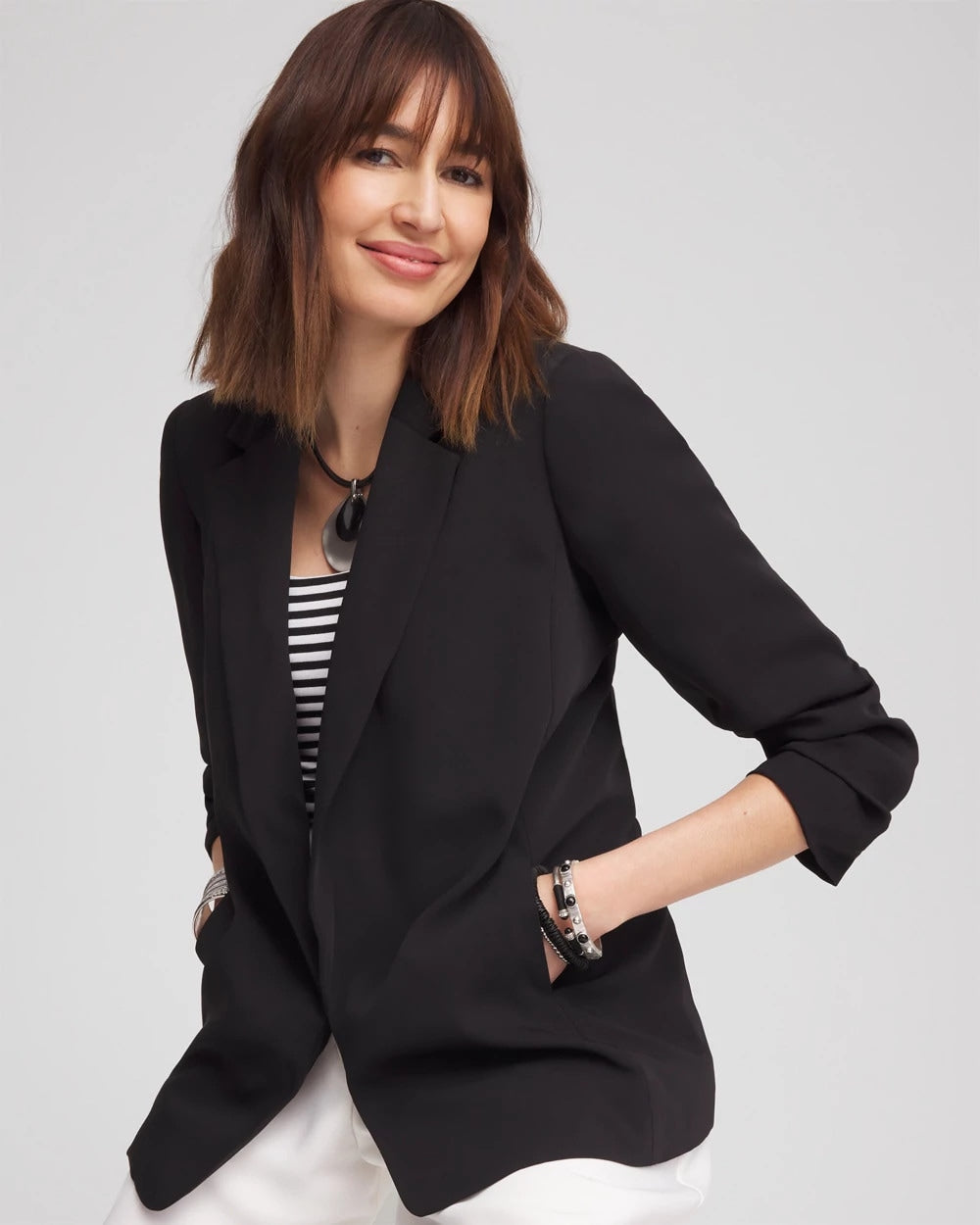 Chico's Women | Notched-Lapel Ruched Sleeve Blazer BLACK