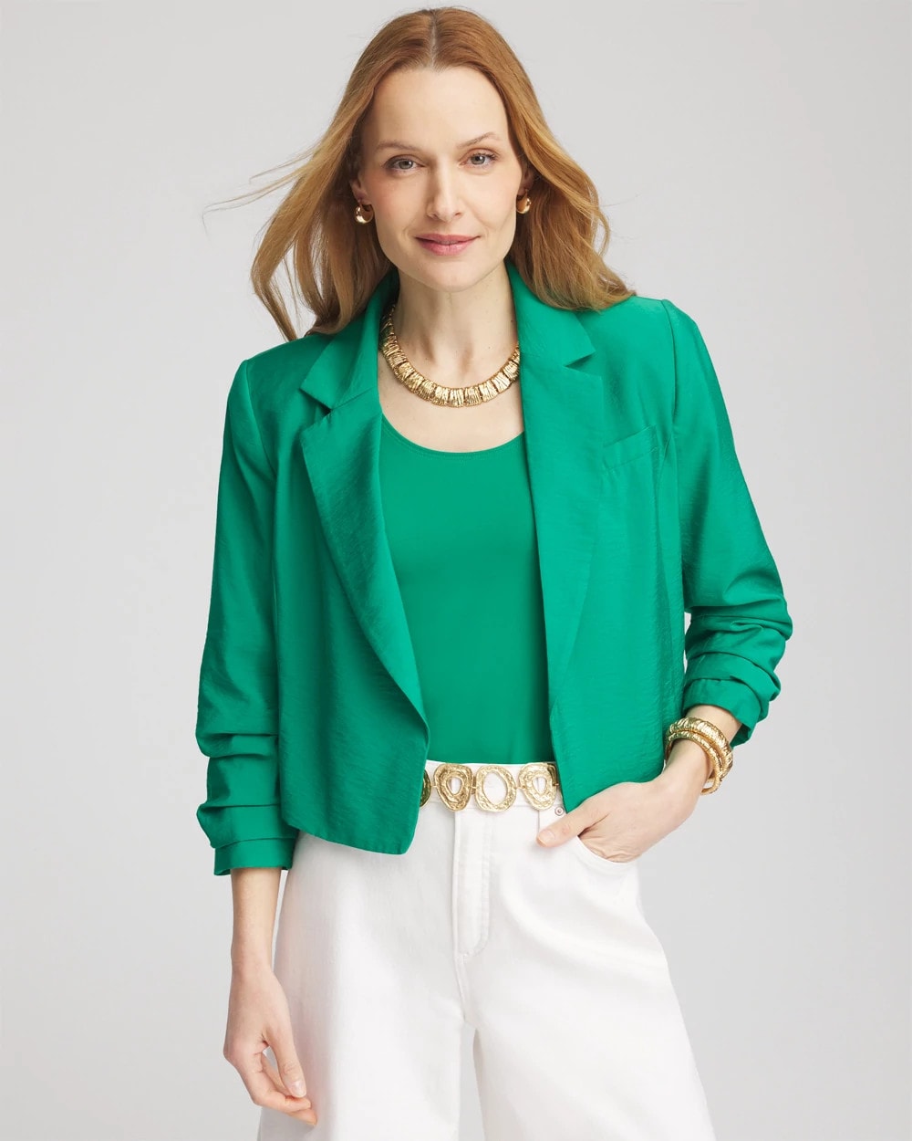Chico's Women | Cropped Ruched Sleeve Blazer EDEN GREEN