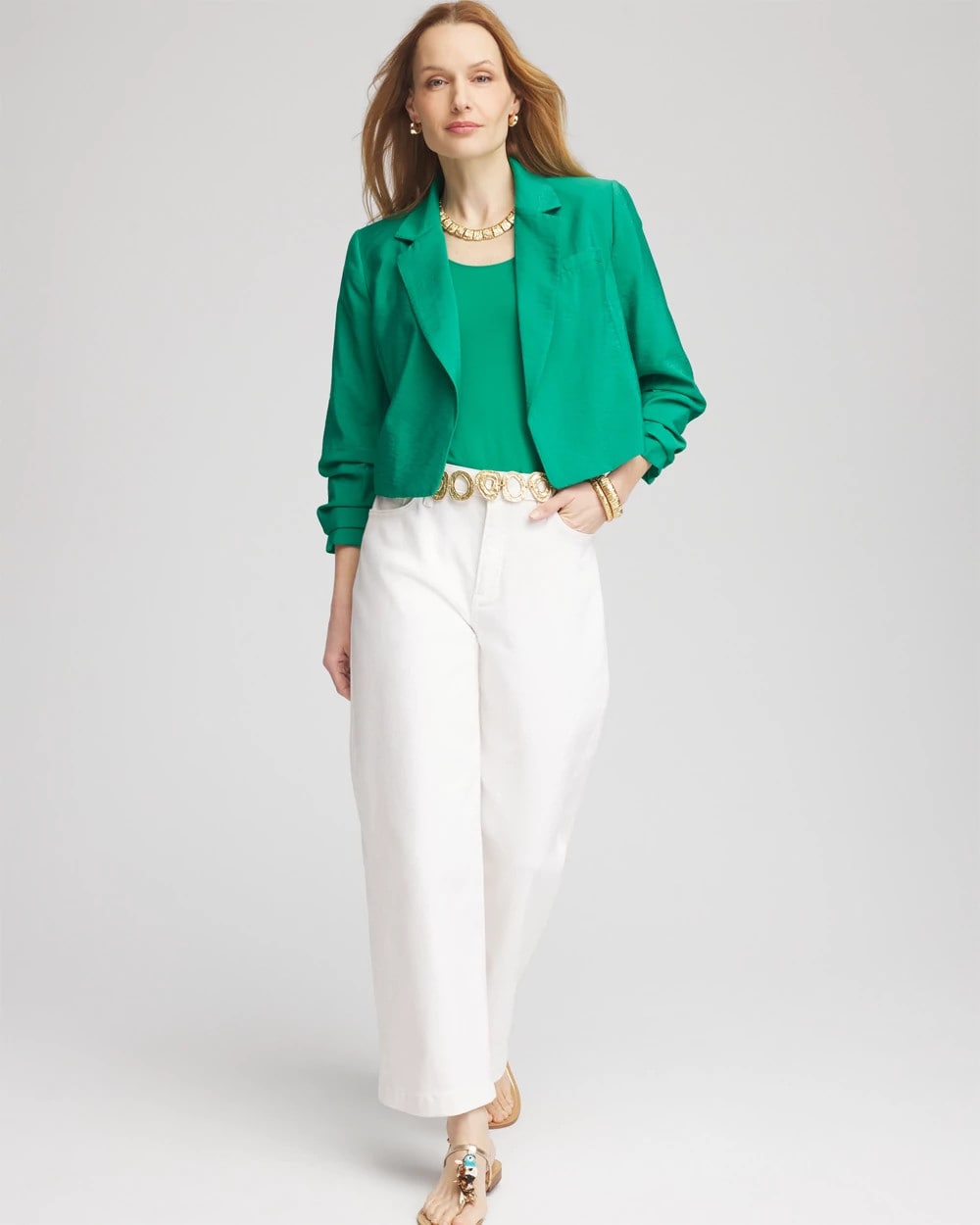 Chico's Women | Cropped Ruched Sleeve Blazer EDEN GREEN