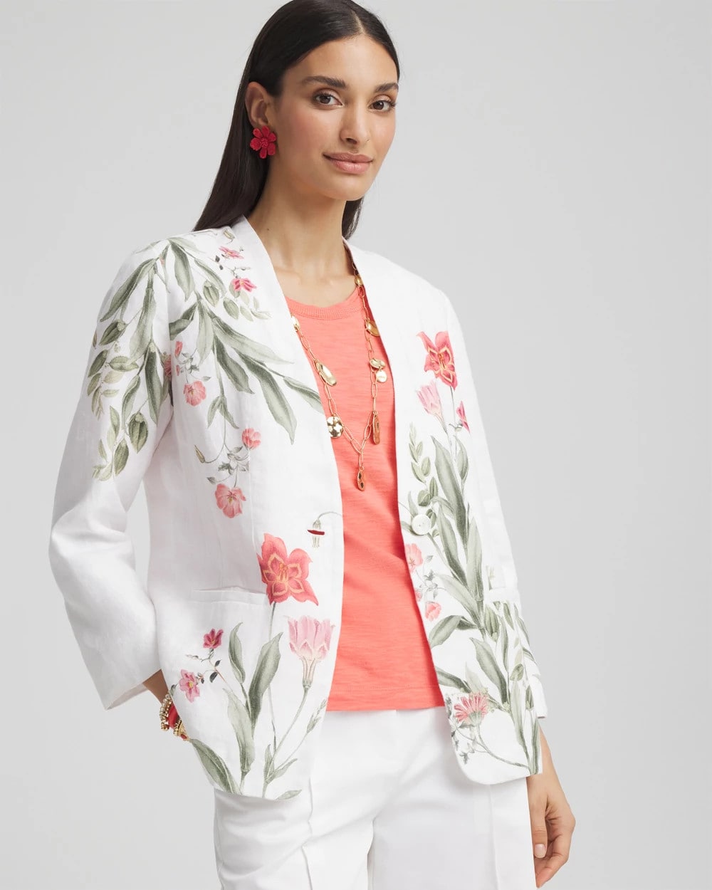 Chico's Women | Floral Linen Non-Stretch Blazer ALABASTER