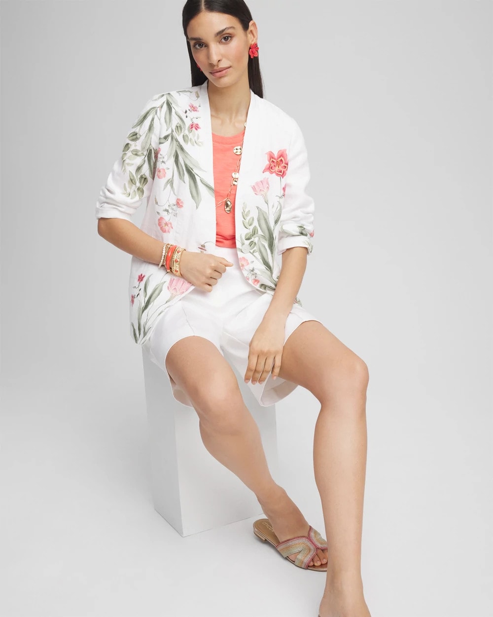Chico's Women | Floral Linen Non-Stretch Blazer ALABASTER
