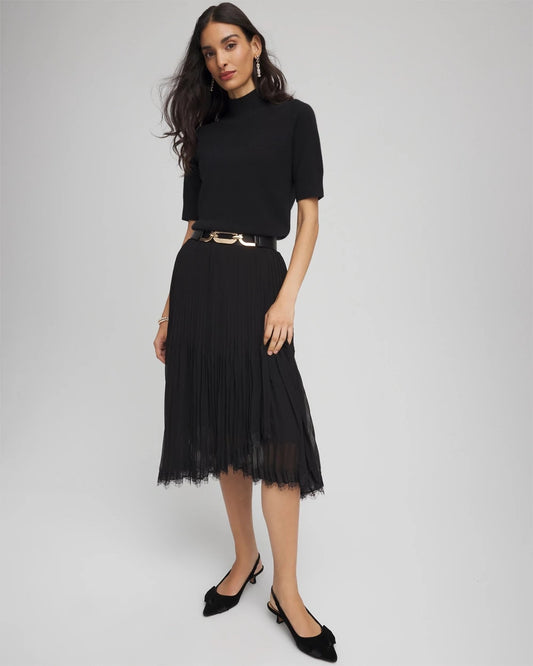 Chico's Women | Pleated Lace Hem Midi Skirt BLACK