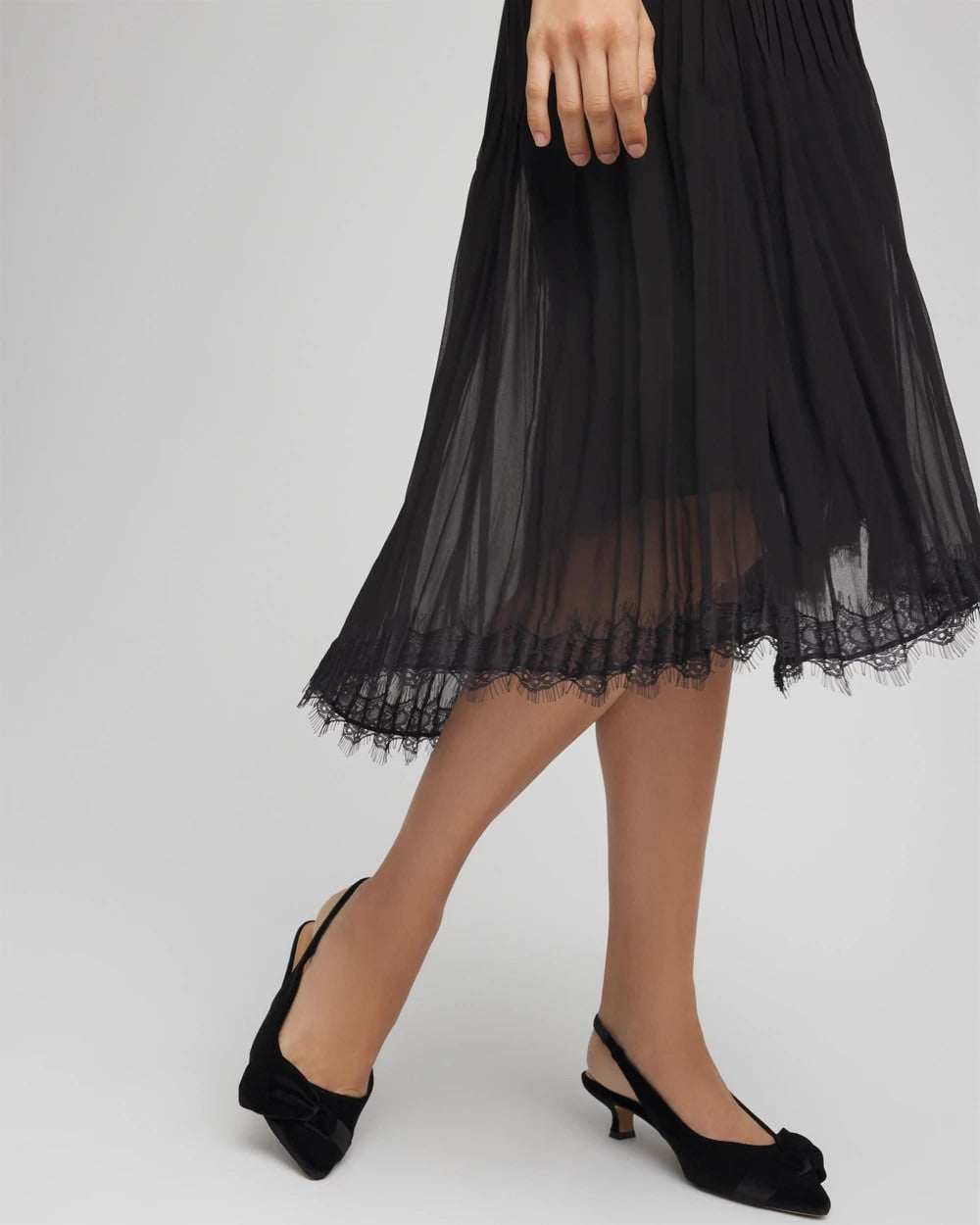 Chico's Women | Pleated Lace Hem Midi Skirt BLACK