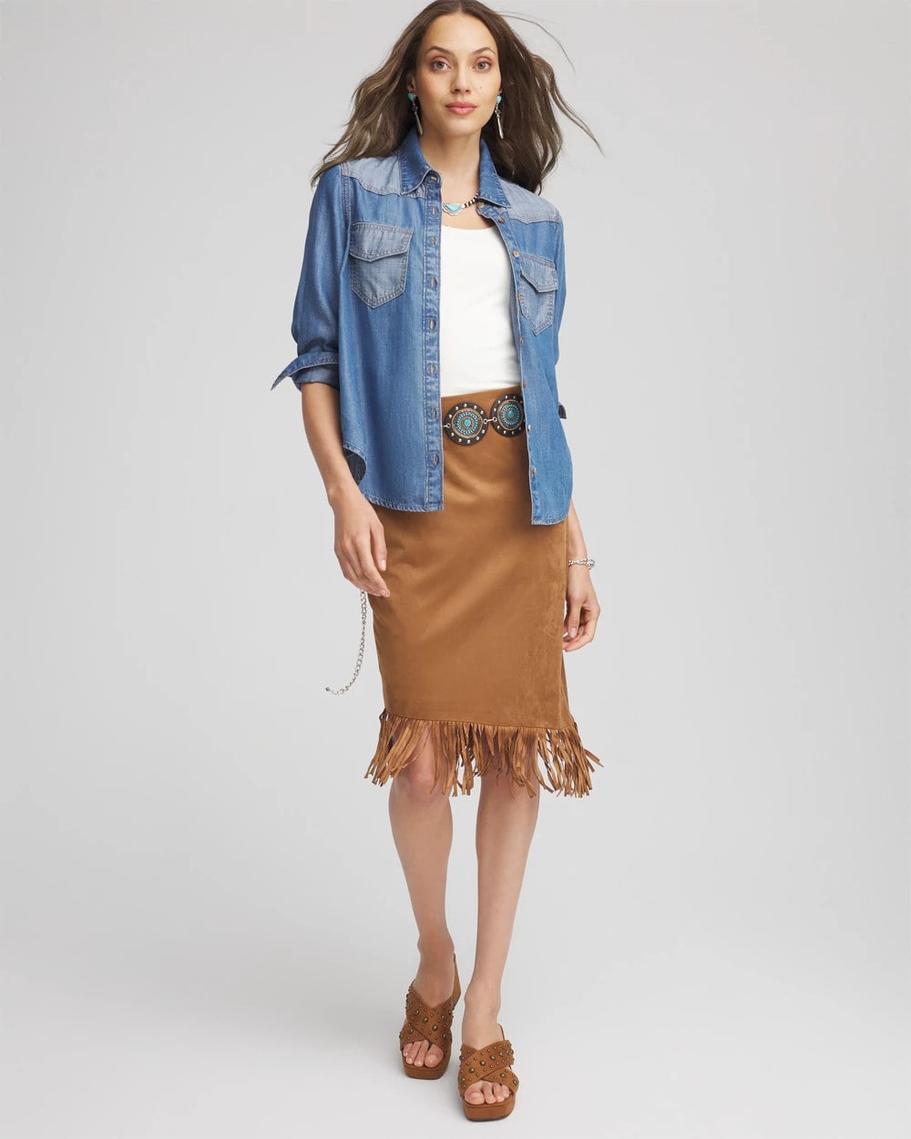 Chico's Women | Suede Fringed Asymmetrical Skirt BURNT SIENNA