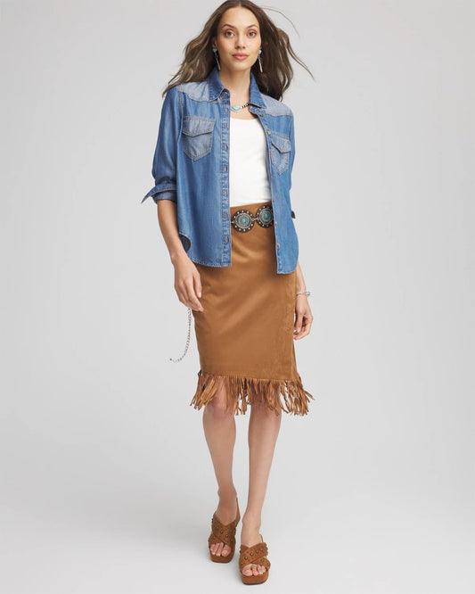 Chico's Women | Suede Fringed Asymmetrical Skirt BURNT SIENNA