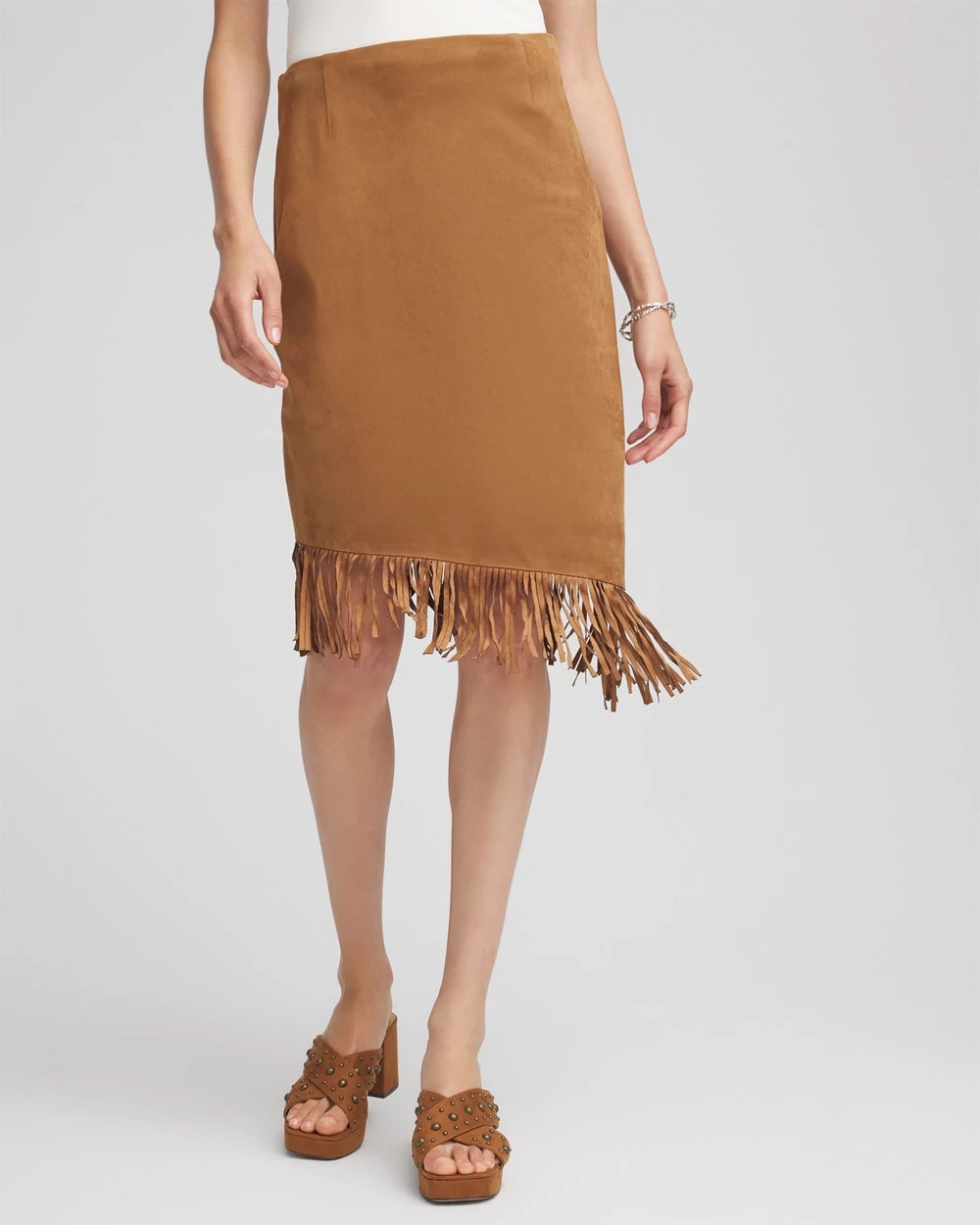 Chico's Women | Suede Fringed Asymmetrical Skirt BURNT SIENNA