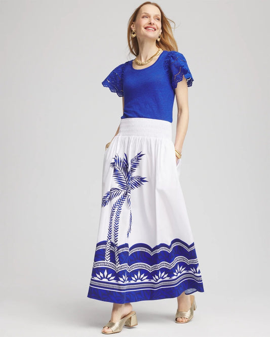 Chico's Women | Tropical Smocked Waist Pull-On Skirt ALABASTER