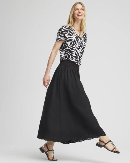 Chico's Women | Linen Embroidered Scallop Hem Skirt BLACK