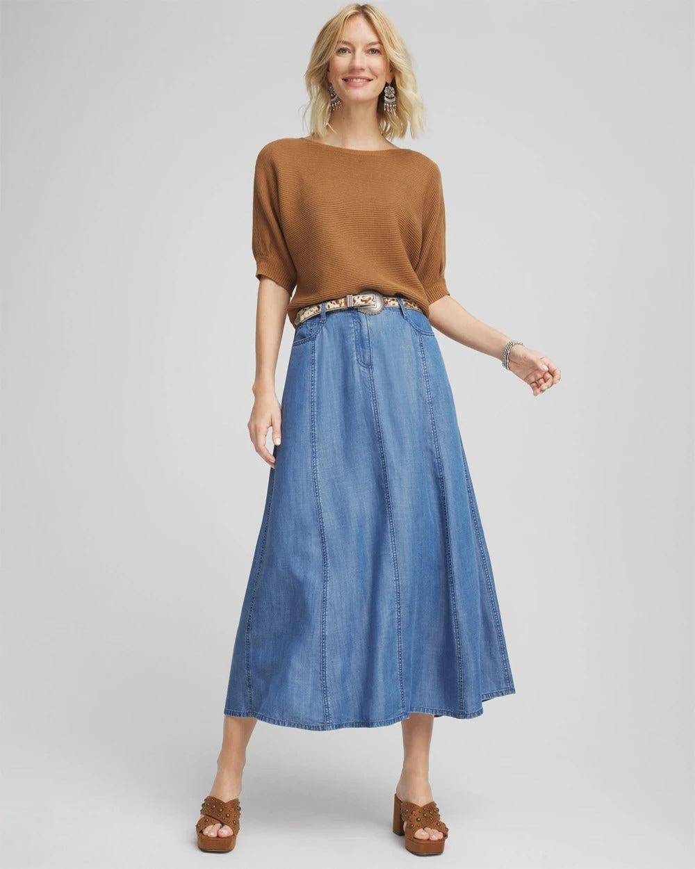 Chico's Women | Lightweight Denim Fly Front Midi Skirt BAILEY INDIGO
