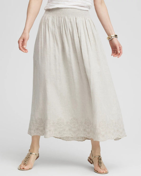 Chico's Women | Linen Embroidered Scallop Hem Skirt OATMEAL