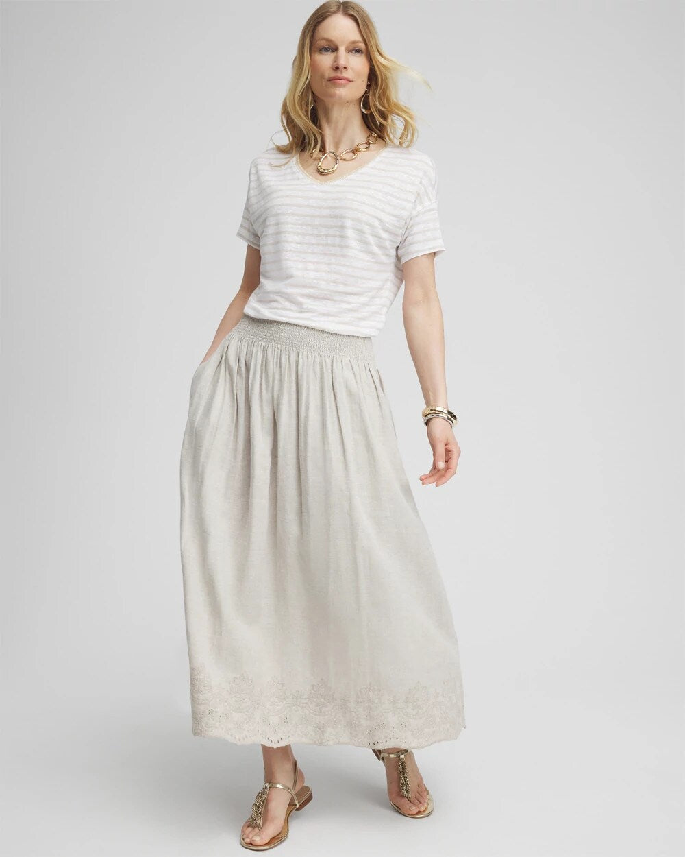 Chico's Women | Linen Embroidered Scallop Hem Skirt OATMEAL