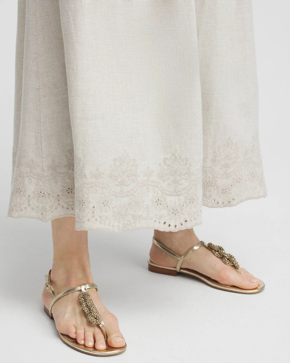 Chico's Women | Linen Embroidered Scallop Hem Skirt OATMEAL