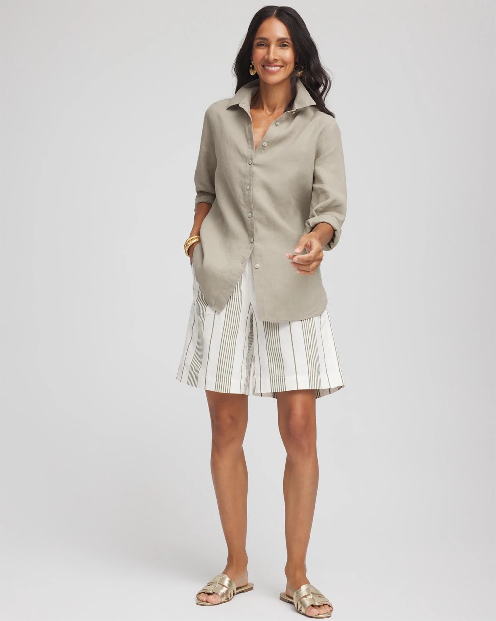 Chico's Women | Striped Cotton-Linen Pull-On Utility Shorts ECRU