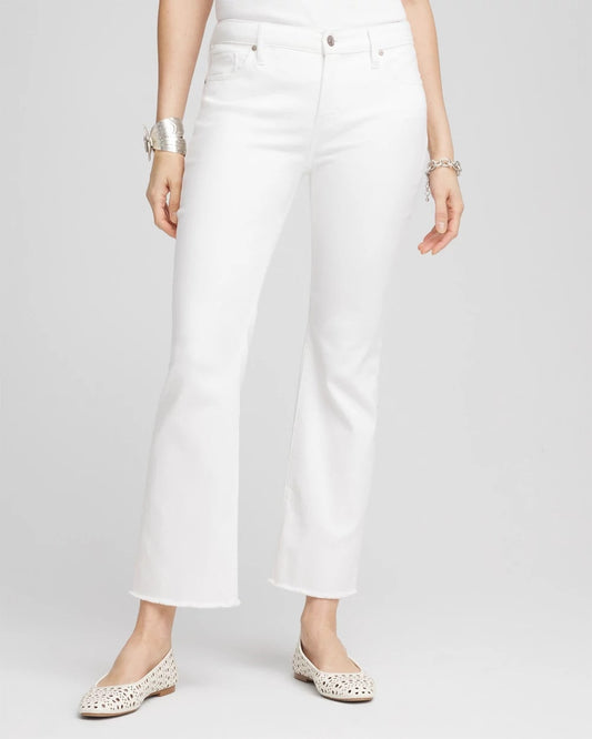 Chico's Women | Petite No Stain Girlfriend Fray Hem Kick Flare Jeans ALABASTER