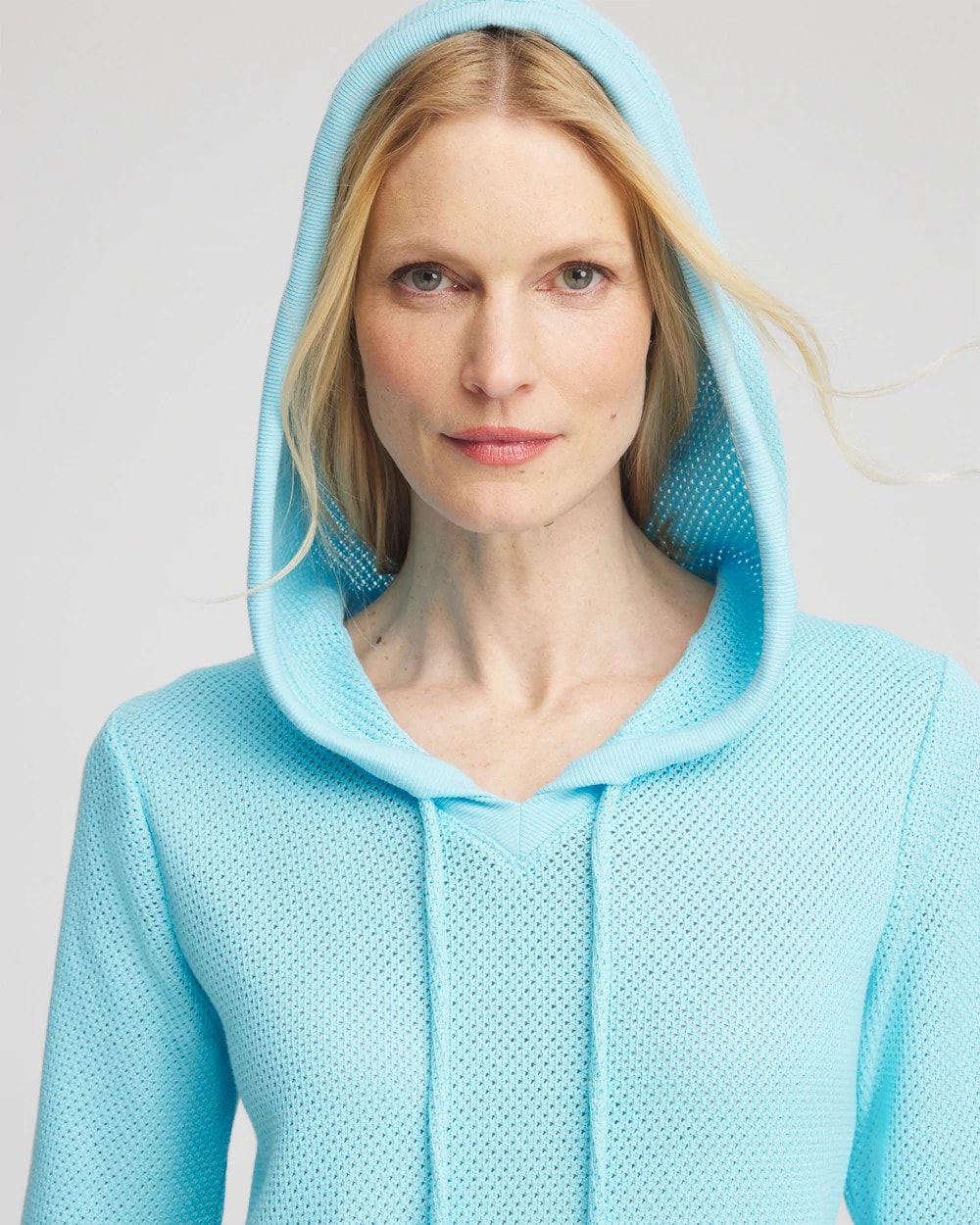 Chico's Women | Zenergy® Crochet Knit Hooded Pullover Top PARADISO BLUE