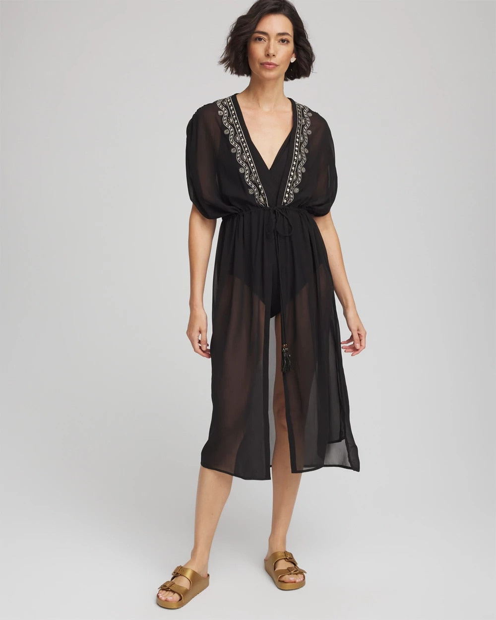 Chico's Women | Miraclesuit® Beach Embroidered Long Kimono BLACK